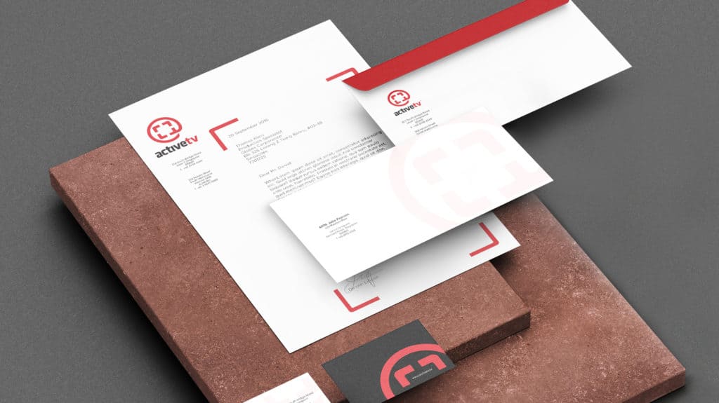 Active TV branding with stationery design, including letterhead, envelope, and business card, showcasing visual identity.