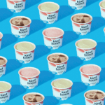 Kind Kones ice cream cups showcasing branding and packaging design on a blue background.