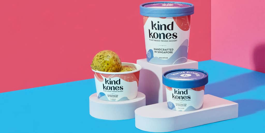 Kind Kones packaging design; colorful brand identity for plant-based dessert, featuring tubs and scoops on vibrant background.
