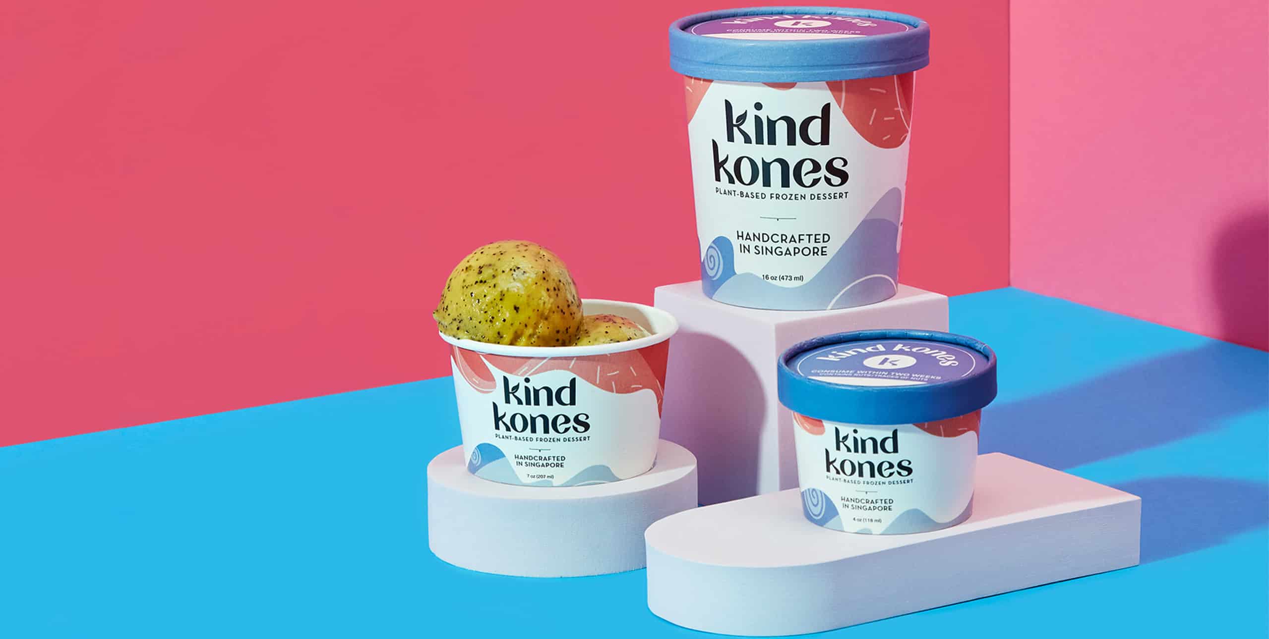 Kind Kones packaging design; colorful brand identity for plant-based dessert, featuring tubs and scoops on vibrant background.