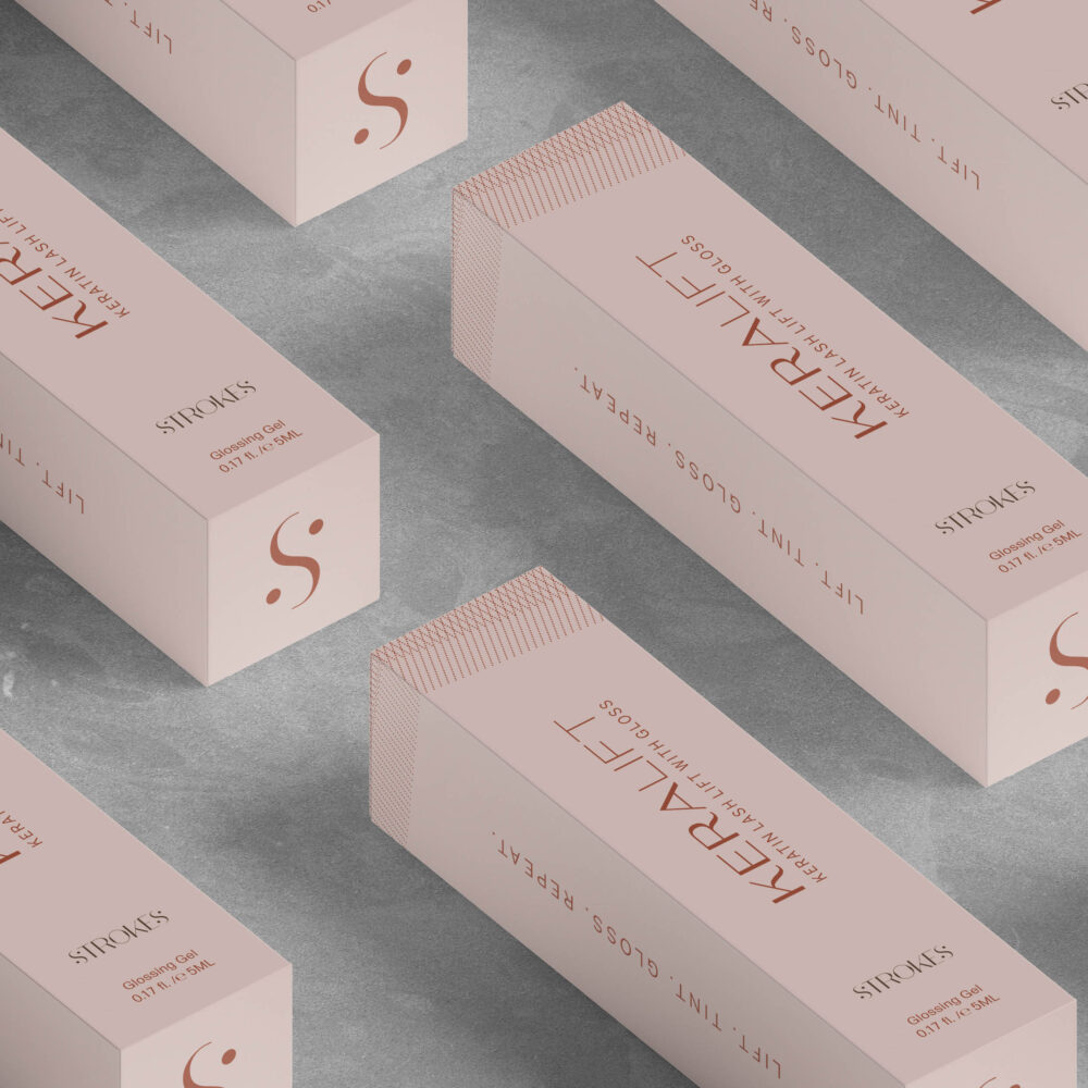 Keraliift packaging design showcasing refined visual identity and branding for Strokes Glossing Gel.