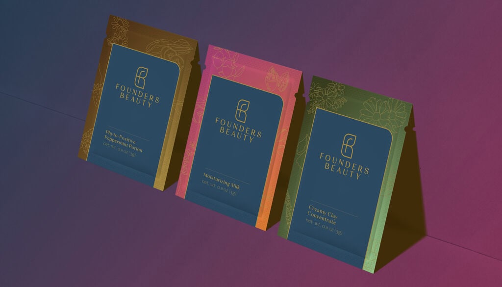 Founders Beauty branding showcases colorful packaging with elegant floral designs for peppermint, milk, and clay products.