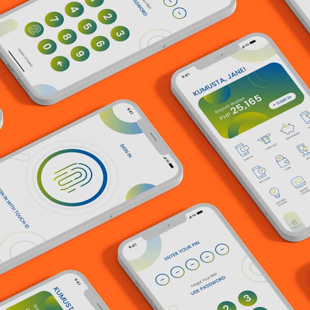 Mobile app UI design for financial services; displays branding with login, keypad, and dashboard screens on orange background.