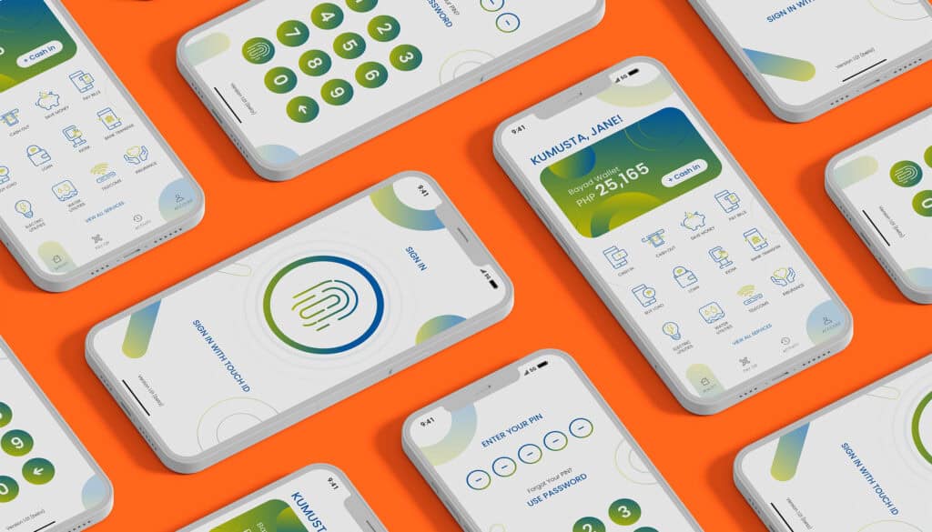 Mobile app UI design for financial services; displays branding with login, keypad, and dashboard screens on orange background.