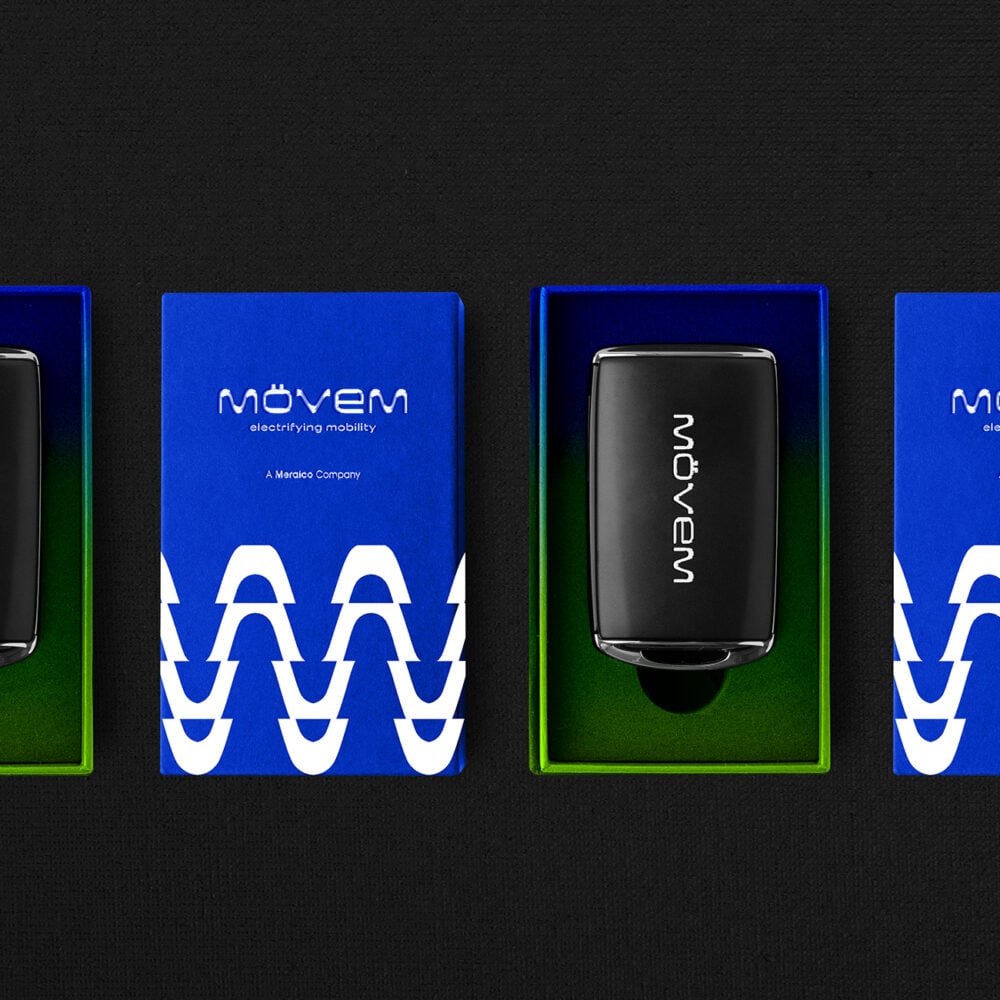 Mövem branding case study featuring sleek black device packaging with blue boxes and modern logo design.