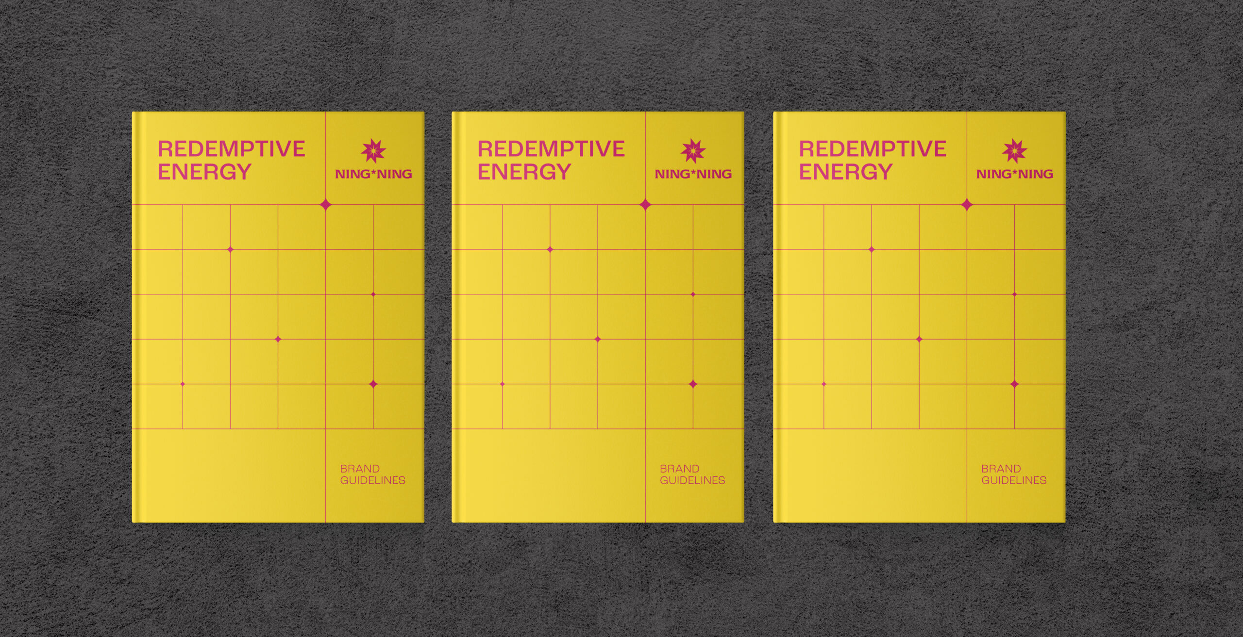Yellow Redemptive Energy brand guidelines with Ning*Ning logo, showcasing modern visual identity design.