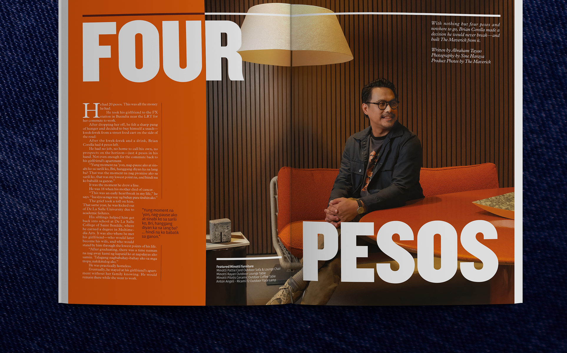 Brian Corella in a modern office setting with a branded design article titled Four Pesos.