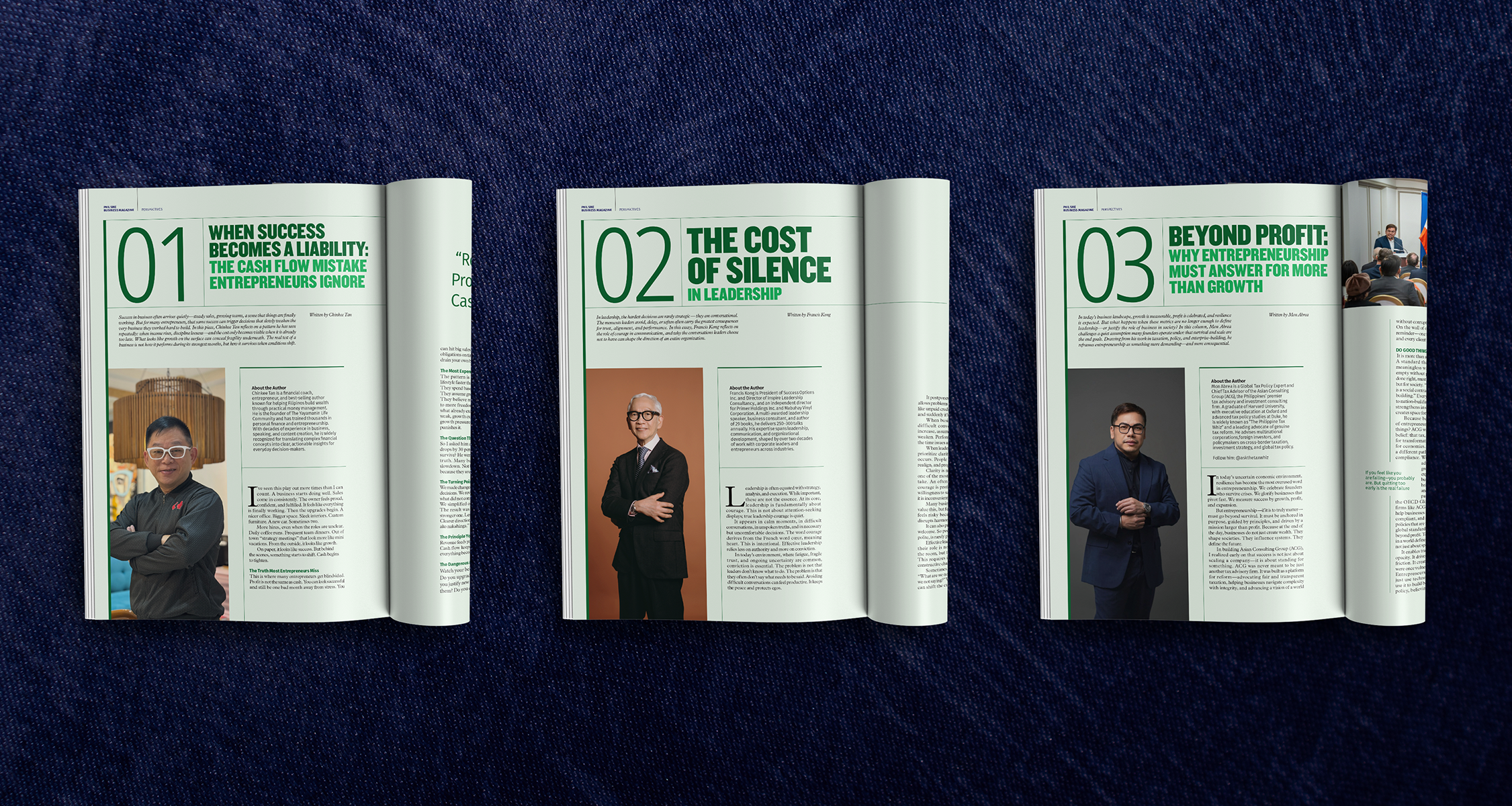 Open magazine layout with articles on entrepreneurship, featuring professional portraits and bold titles emphasizing leadership.