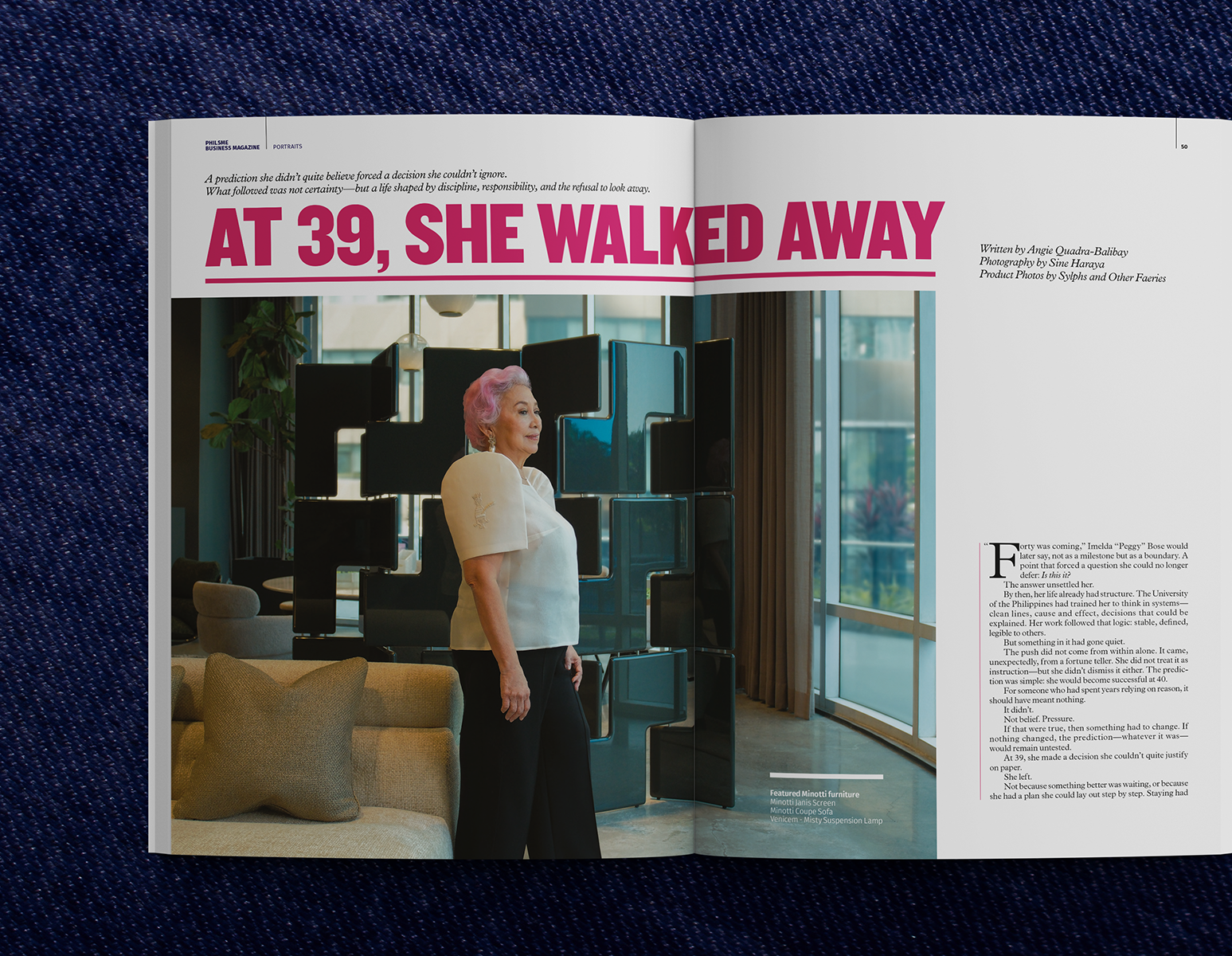 Magazine spread featuring woman in stylish interior. Headline reads: At 39, She Walked Away.