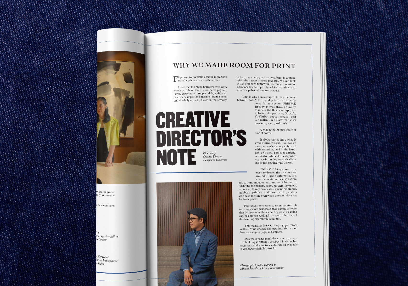 Design For Tomorrow case study in magazine with Creative Director's Note, highlighting branding and visual identity themes.