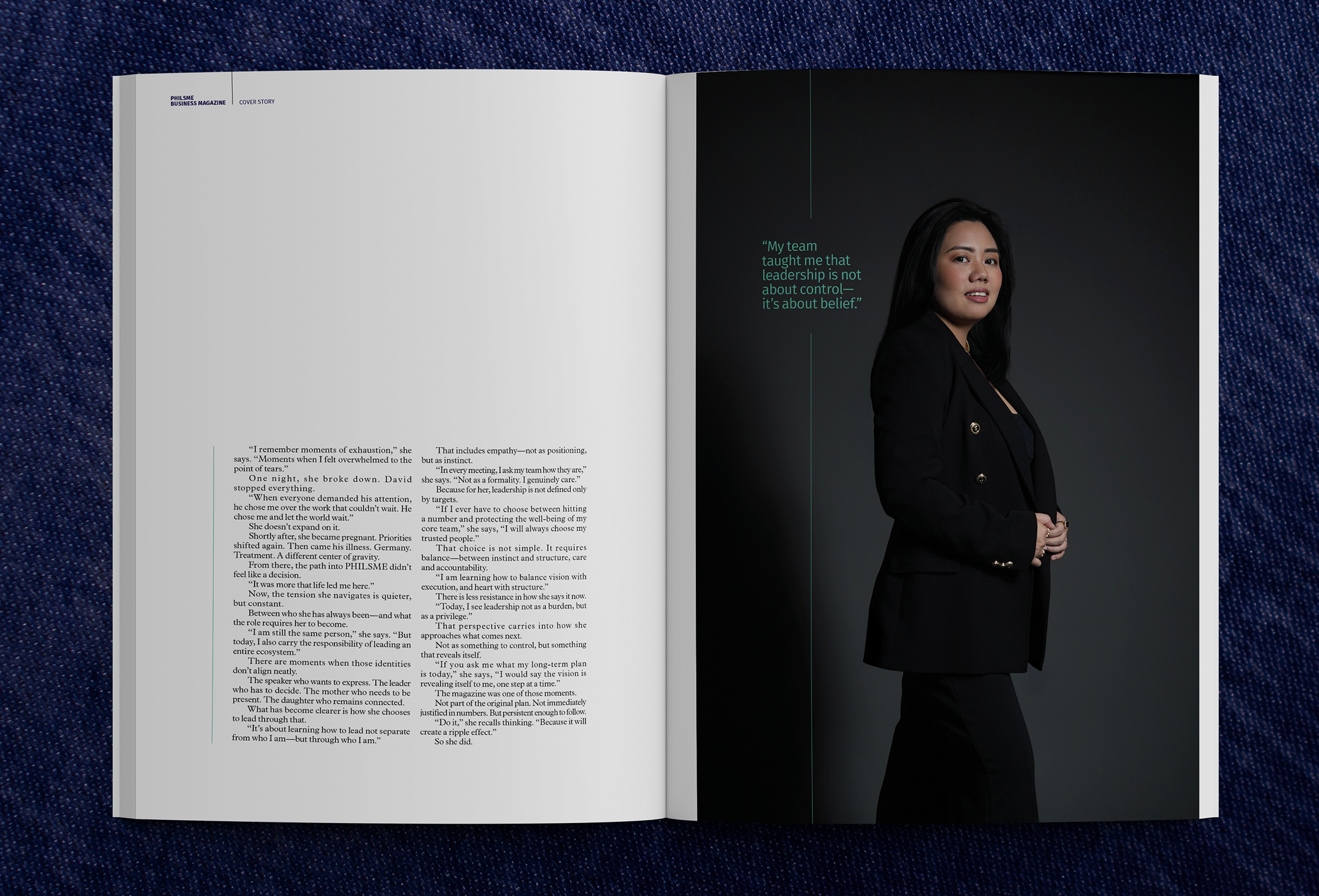 Open magazine with a woman in black business attire, discussing leadership. Text emphasizes belief over control.