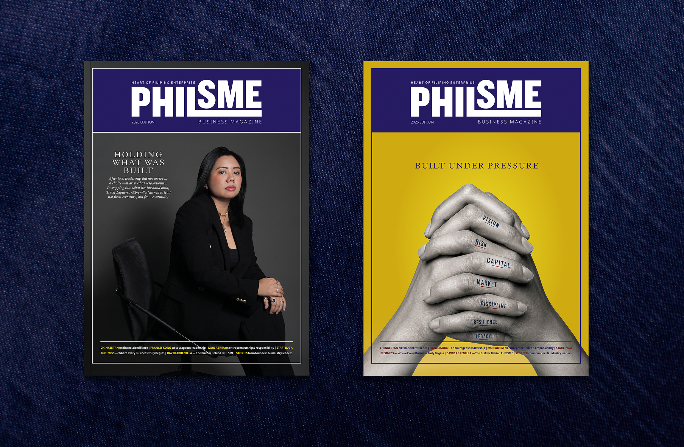PHILSME magazine covers: left with businesswoman, right with intertwined hands labeled with business terms.