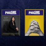 PHILSME magazine covers showcasing brand identity: professional portrait and stacked hands with business keywords.
