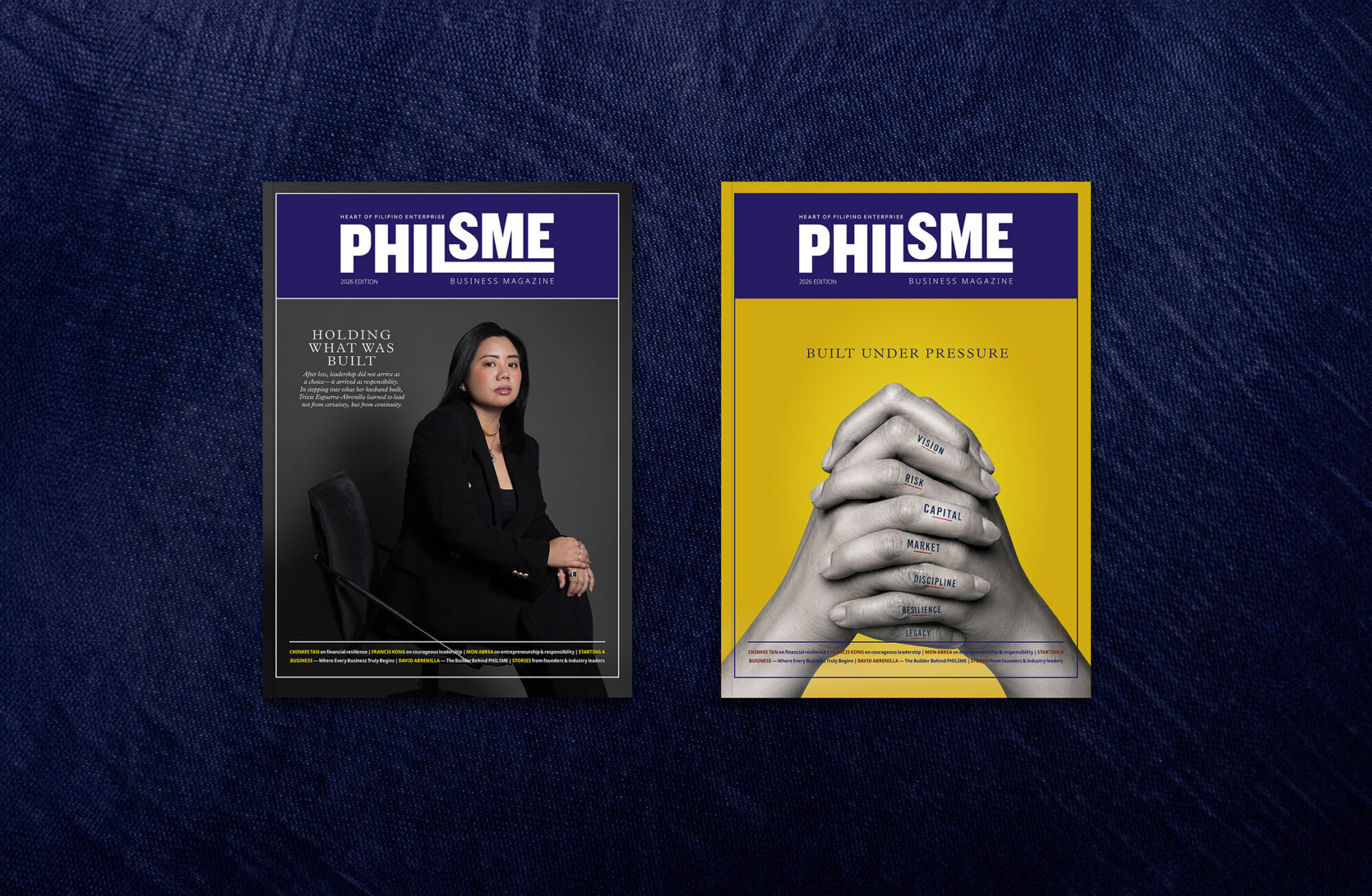 PHILSME magazine covers showcasing brand identity: professional portrait and stacked hands with business keywords.