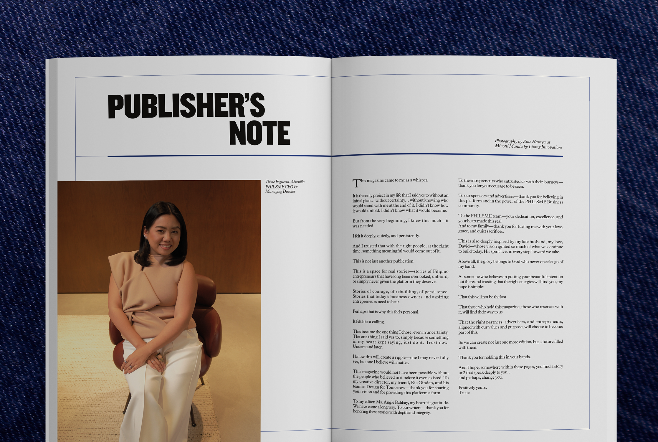 Magazine open to Publisher's Note with a portrait of a woman seated, featuring elegant layout design.