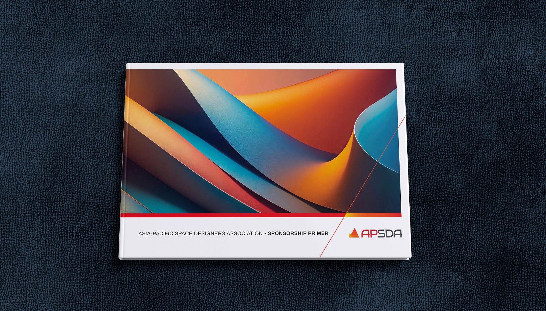 Asia-Pacific Space Designers Association brand identity booklet with vibrant abstract design on a dark background.