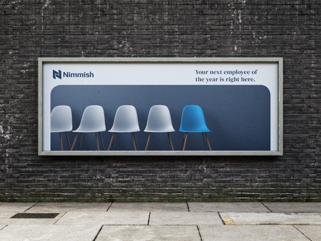 Billboard advertising for Nimmish featuring a row of chairs, highlighting brand identity and visual design.