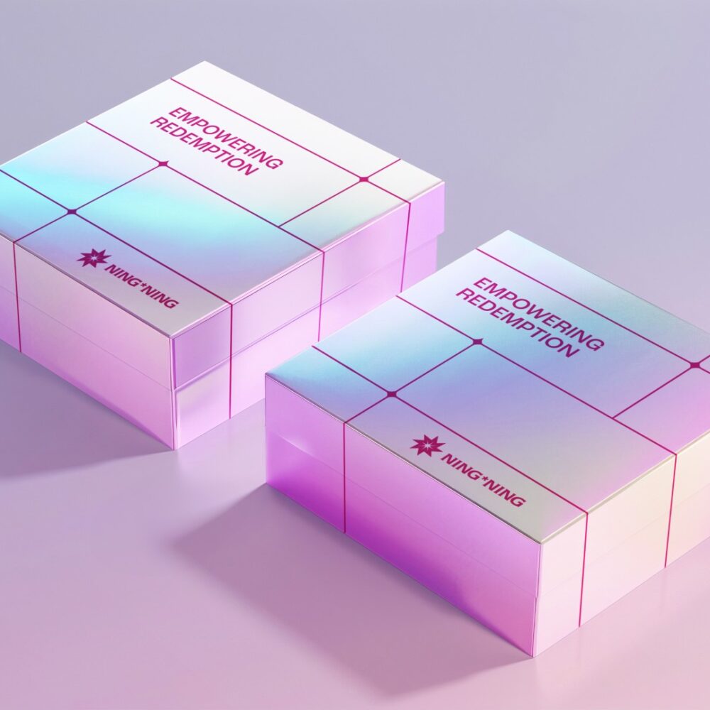 Ning Ning brand packaging design with pastel gradient, showcasing Empowering Redemption branding concept.
