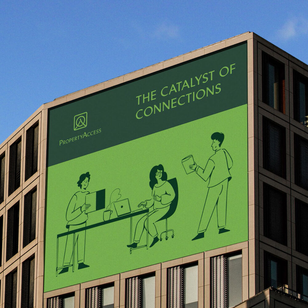 PropertyAccess building signage featuring modern illustration and brand identity elements.