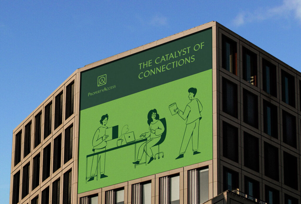 PropertyAccess building signage featuring modern illustration and brand identity elements.