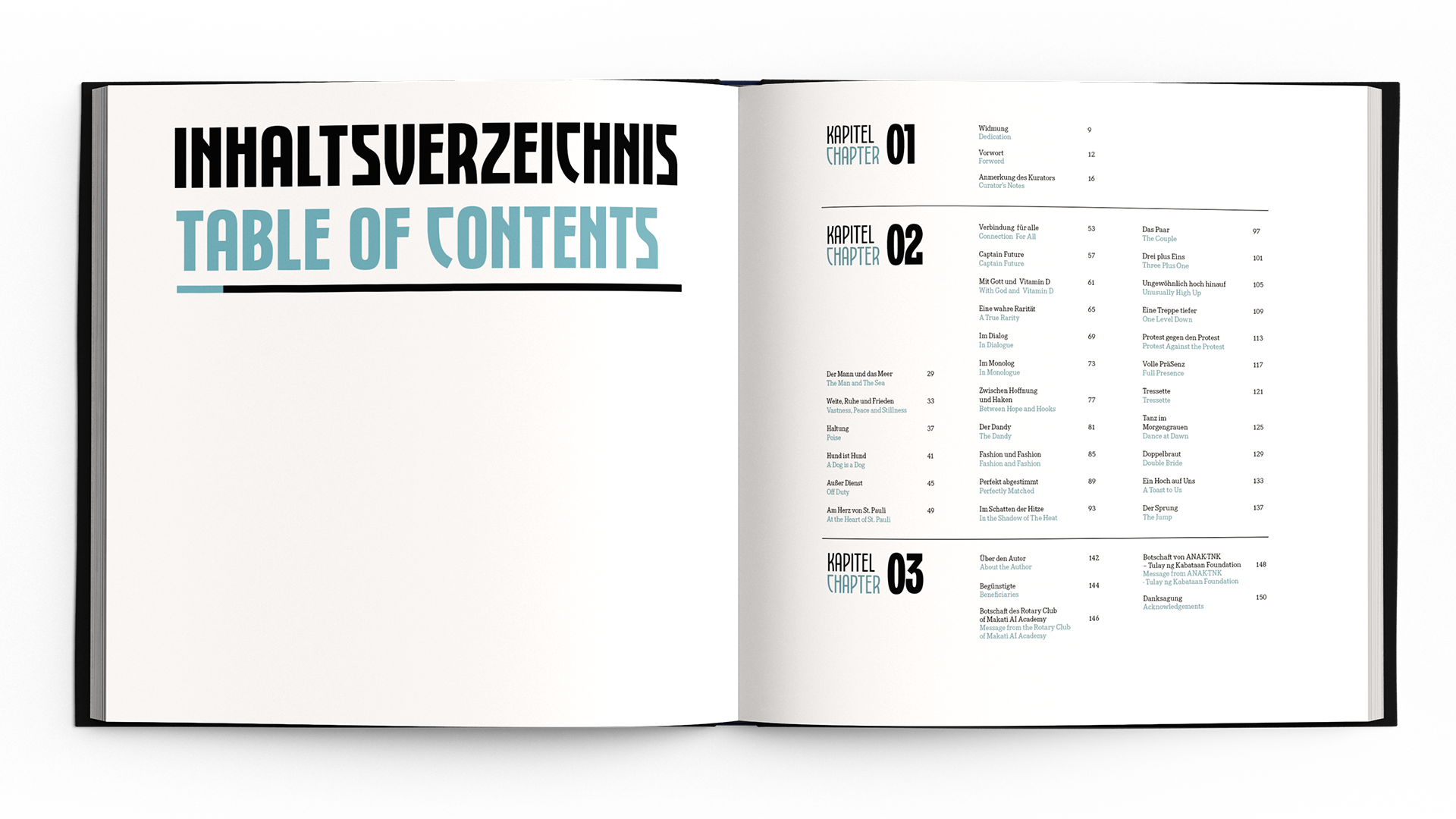 Design For Tomorrow case study: Table of contents in a visually striking book layout with bold typography and modern design.