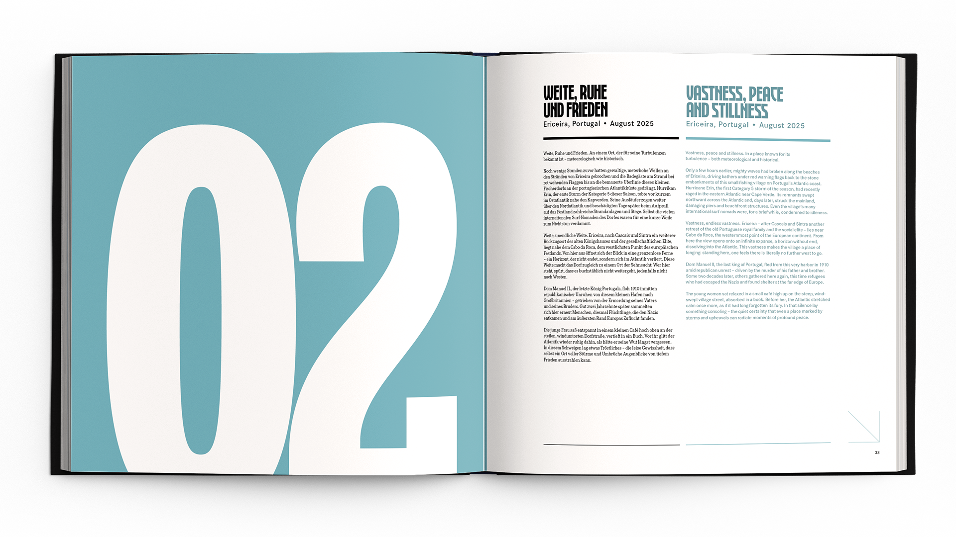 Design For Tomorrow case study book spread with large number 02 and text about Vastness, Peace and Stillness.