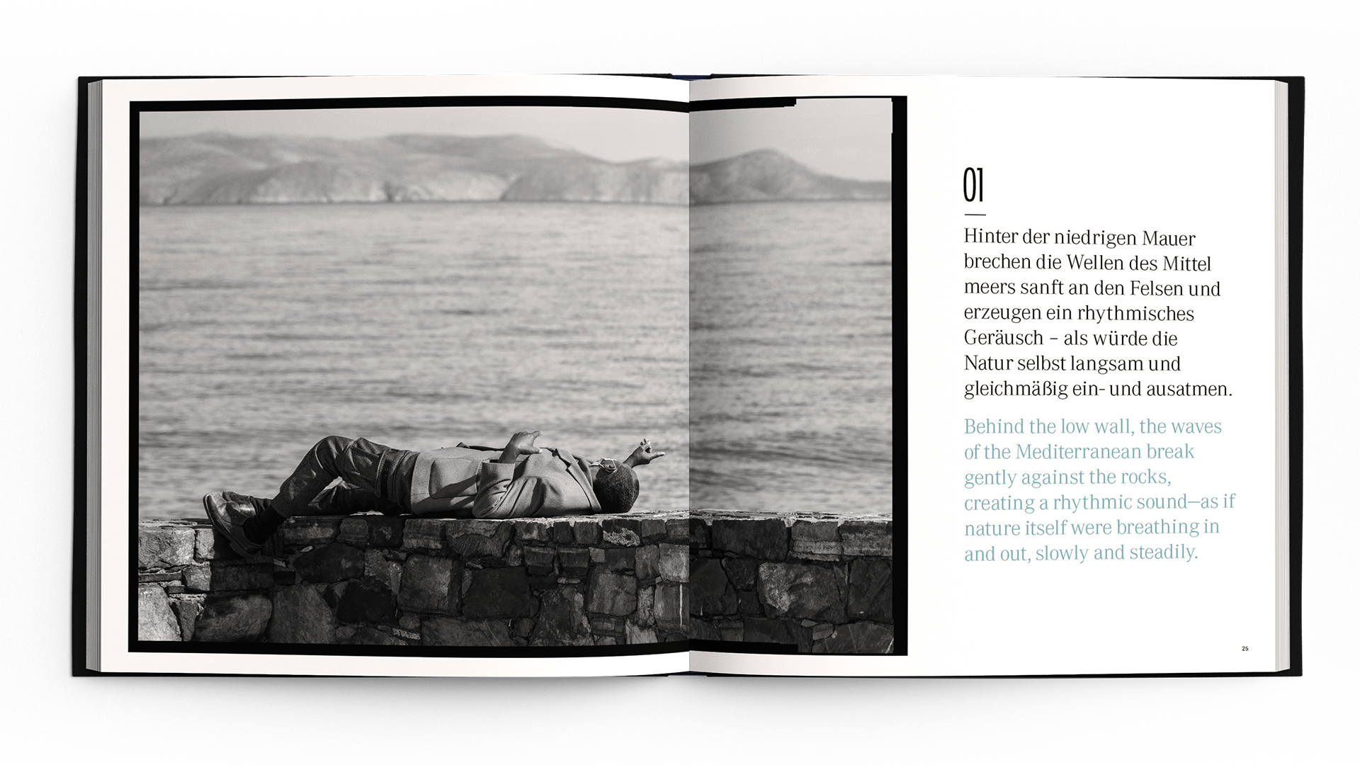 Black and white image of a person resting on a stone wall by the sea, with descriptive text about Mediterranean waves.