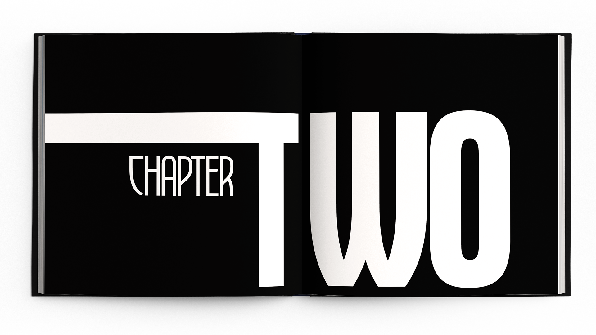 Bold black and white book spread with large Chapter Two text, showcasing modern typography for brand identity project.