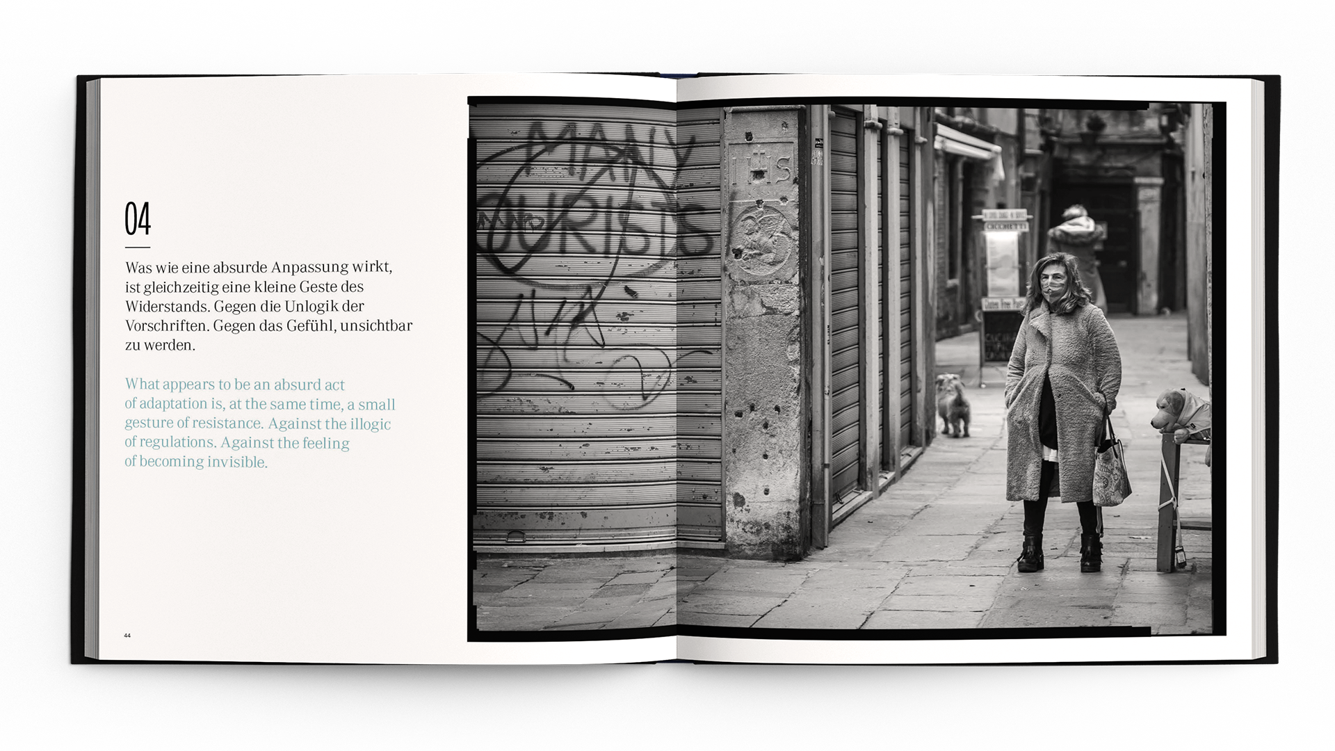 Woman walks dog in alley with shutter graffiti and book text on adaptation. Design For Tomorrow visual identity study.