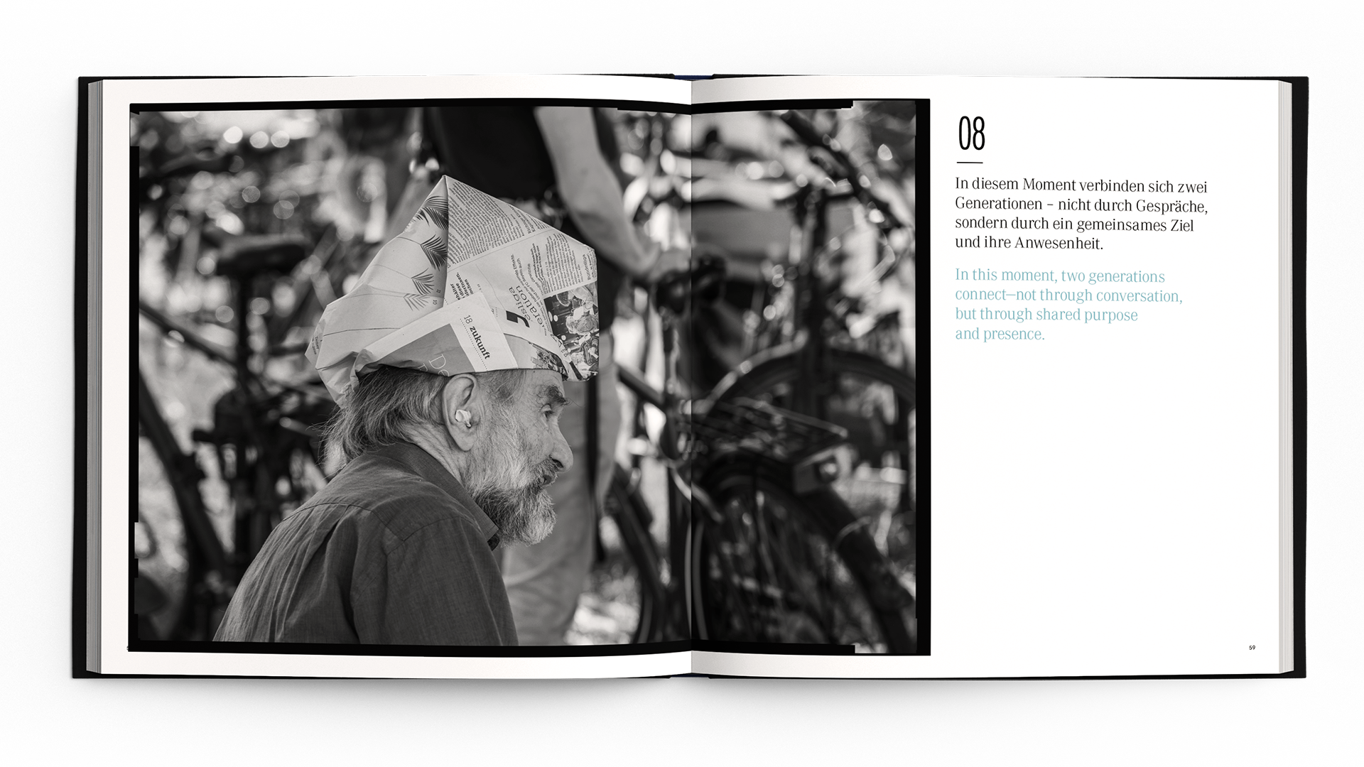 Man with a paper hat sits thoughtfully beside bicycles, demonstrating intergenerational connection and purpose.