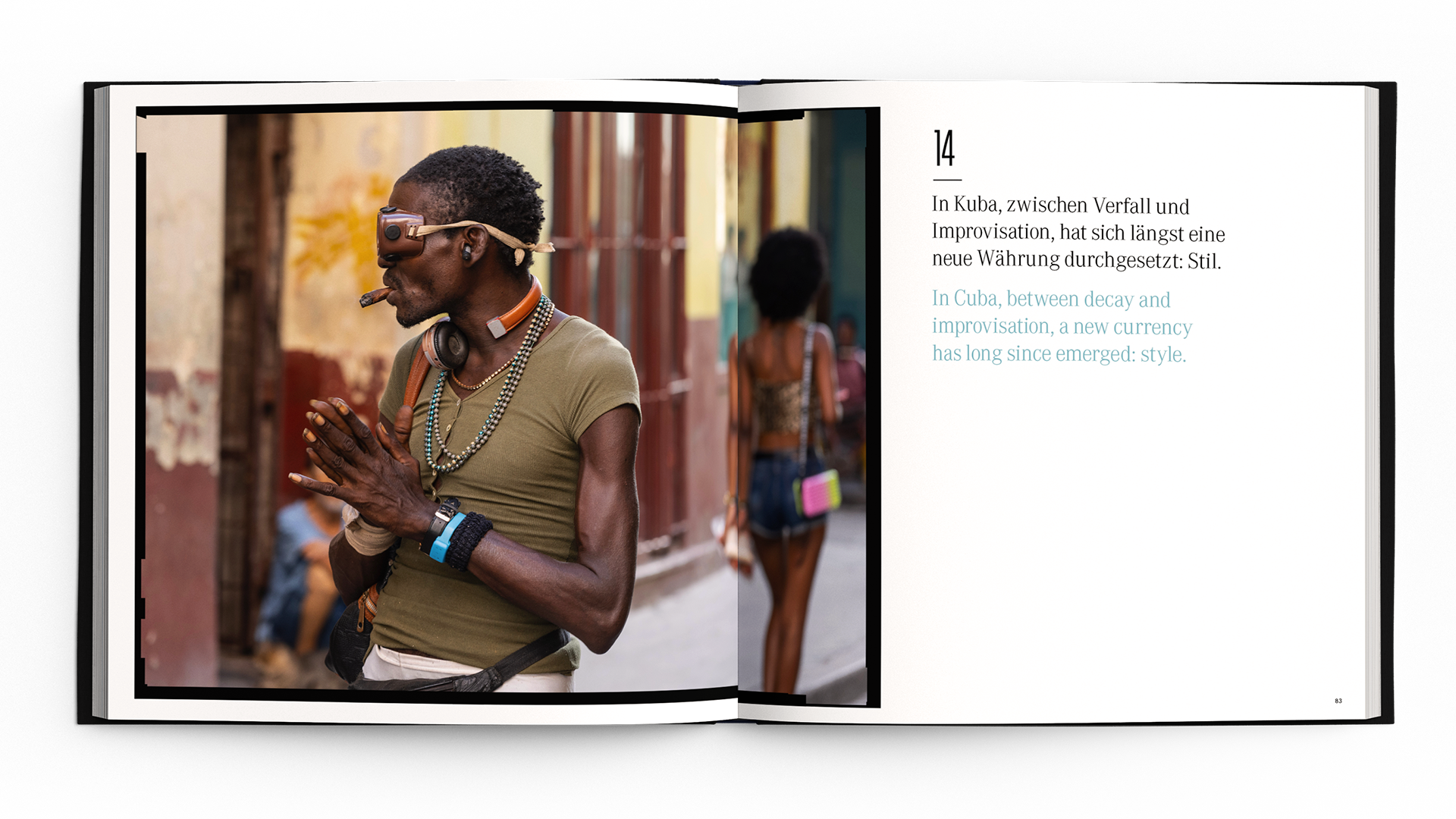 Open book spread showing a stylish man in Cuba, highlighting themes of improvisation and style evolution.