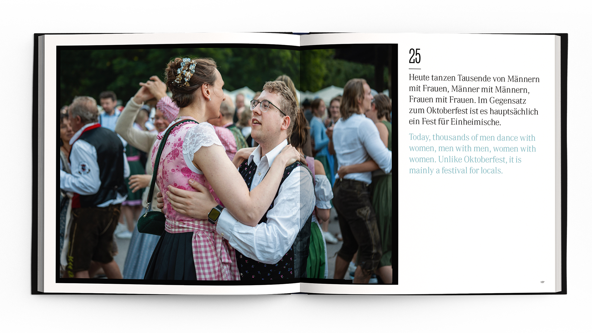 Couples dance at a local festival, contrasting Oktoberfest's broader appeal, emphasizing community and tradition.