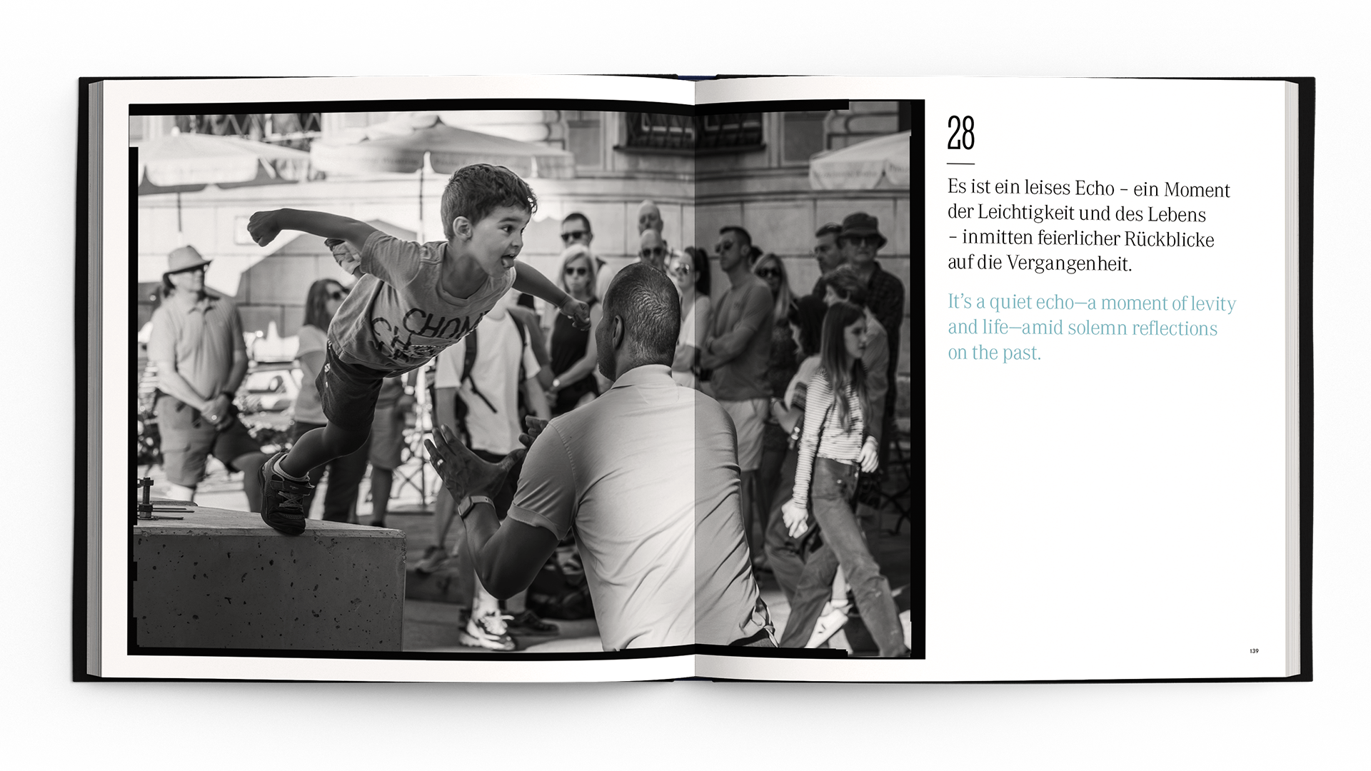Black-and-white image of a child jumping into an adult's arms, surrounded by onlookers, symbolizing connection and trust.