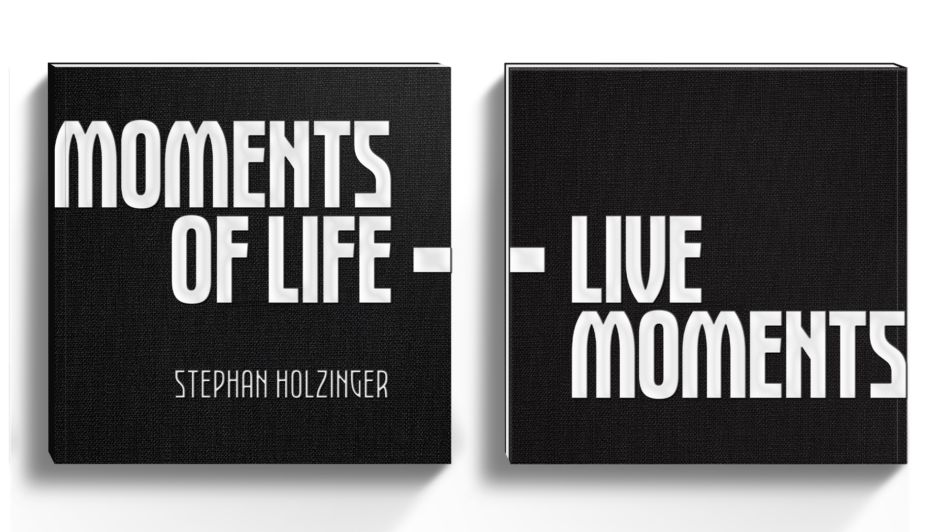 Moments of Life book covers featuring bold typography by Stephan Holzinger, highlighting modern brand identity design.