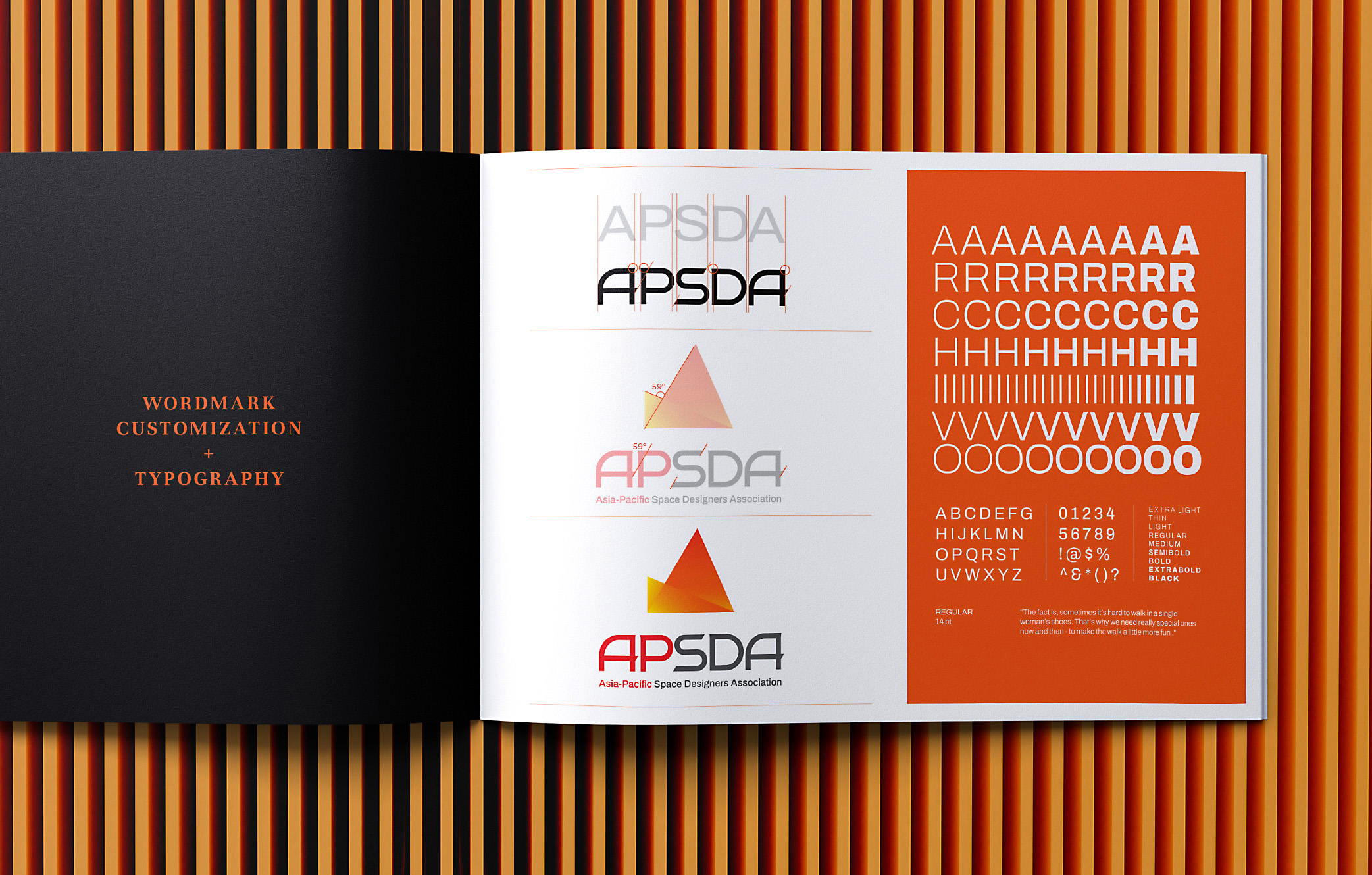APSDA brand identity guide showcasing wordmark customization and typography options with orange and black design elements.