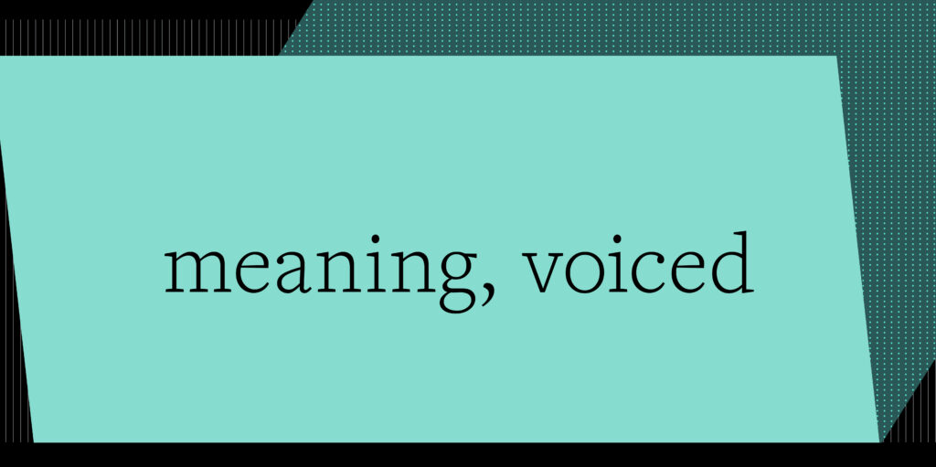 Modern brand identity design featuring text meaning, voiced on a teal background with geometric patterns.