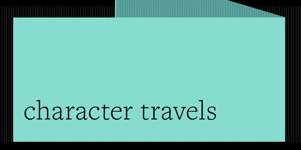 Design for Tomorrow branding with character travels logo on teal and black geometric background.