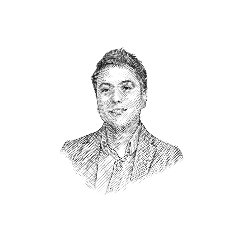 Sketch portrait of a person wearing glasses and a suit, featured in Design For Tomorrow's branding case study.