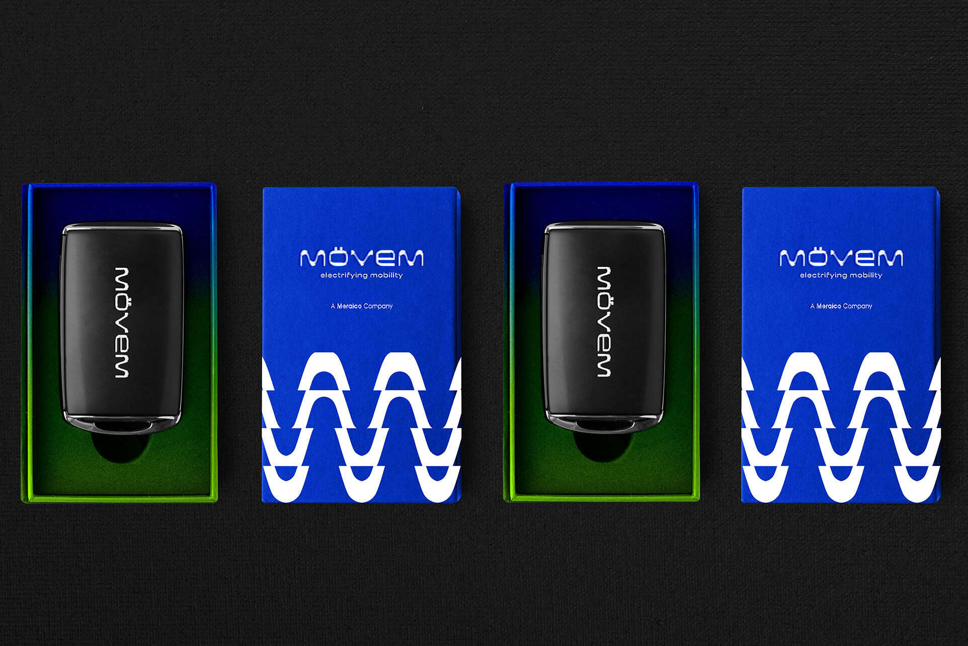 Mövem branding case study featuring sleek black device packaging with blue boxes and modern logo design.