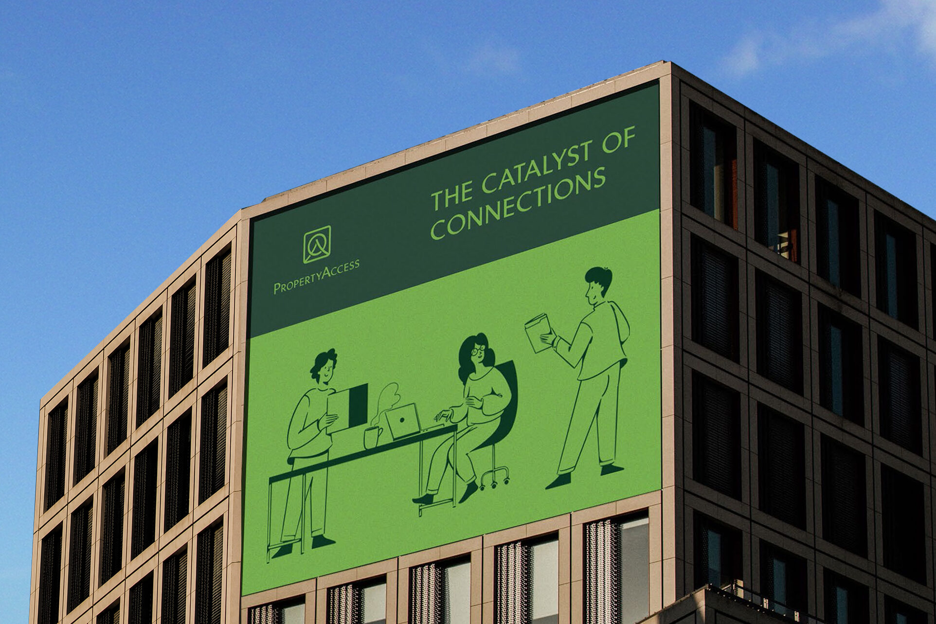 PropertyAccess building signage featuring modern illustration and brand identity elements.