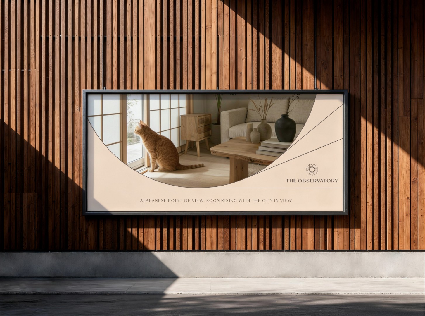 The Observatory branding display featuring a cat in a serene, minimalist interior with wooden textures on city signage.