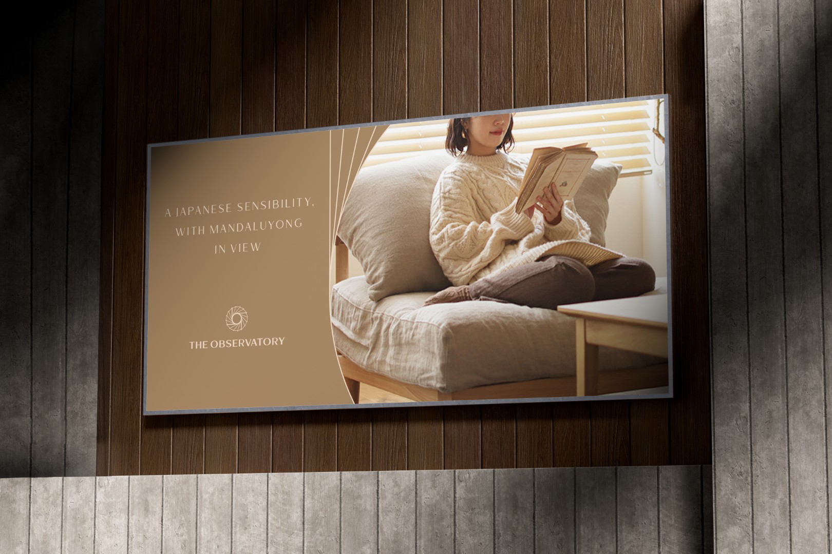 The Observatory branding, showcasing a serene visual identity with Japanese sensibility on a stylish indoor signage.