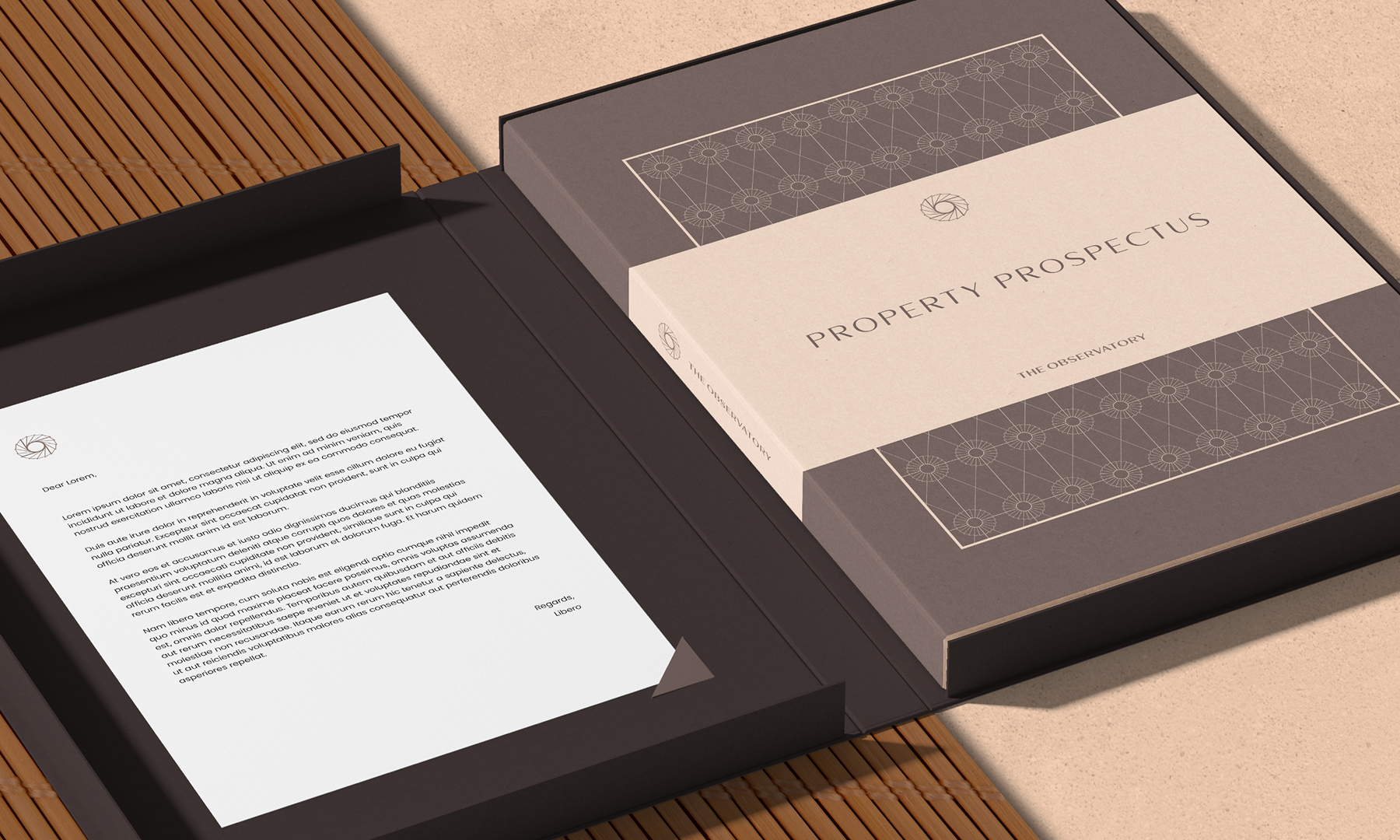 Elegant property prospectus and letter showcasing refined brand identity design by The Observatory.