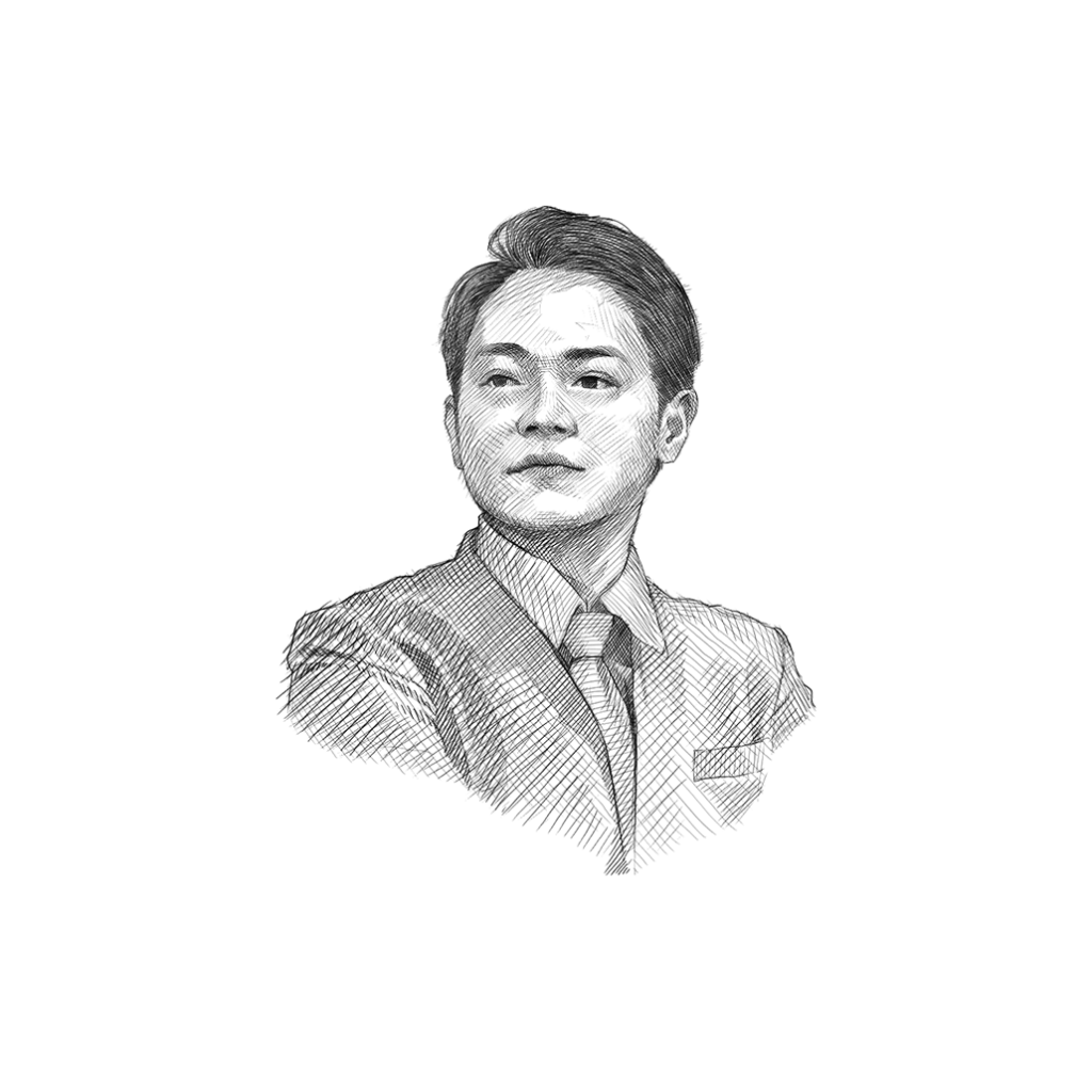 Intricate black and white drawing of a man in a suit, showcasing detailed sketching techniques.