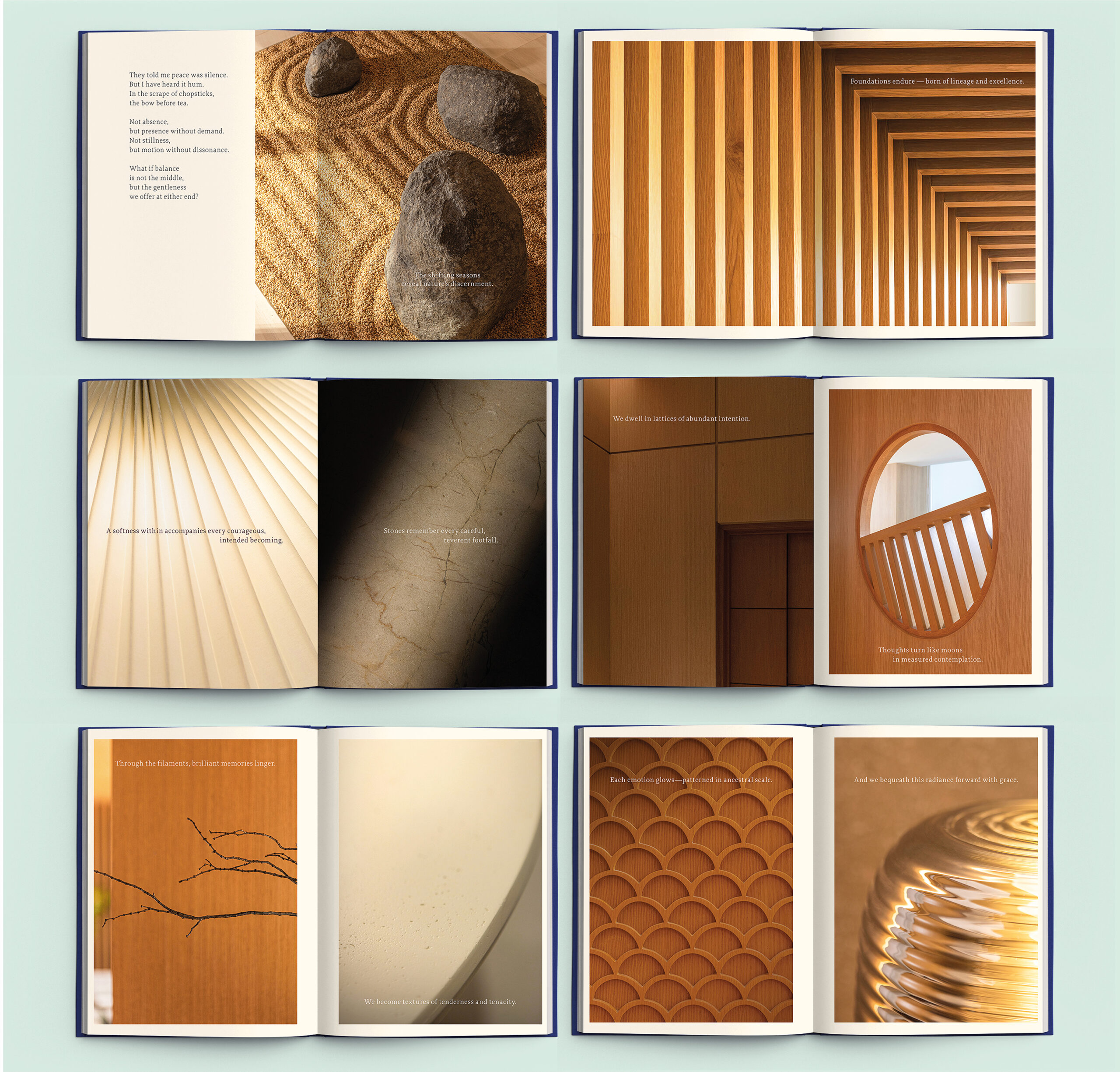 Design For Tomorrow case study featuring textured visuals and architectural elements, highlighting brand identity through serene imagery.