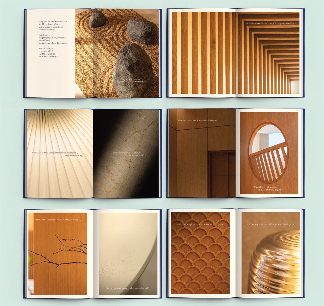 Design For Tomorrow case study showcasing minimalist book layouts with emphasis on texture and natural elements.