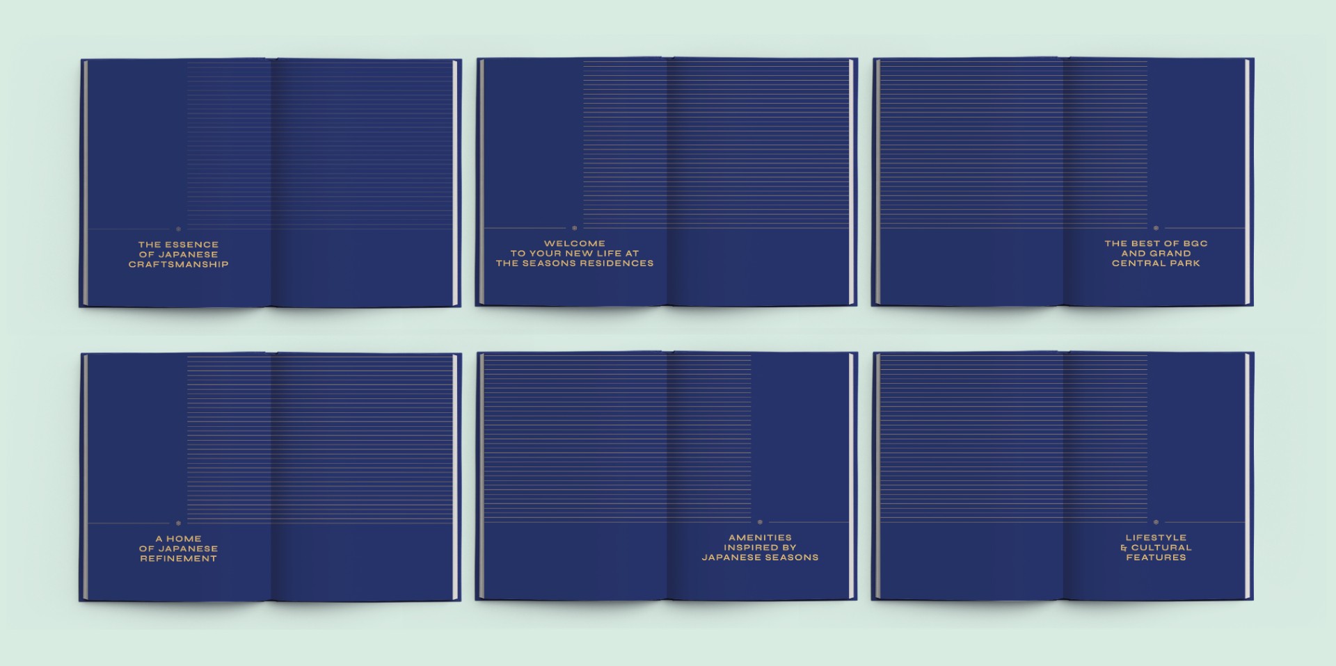 Design For Tomorrow case study featuring The Seasons Residences branding on elegant blue brochures.