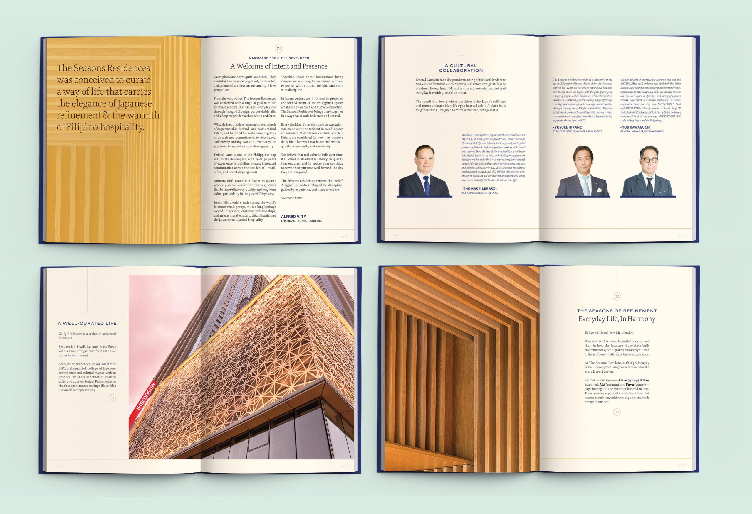 Open case study booklet for The Seasons Residences showcasing brand identity and architectural photography.