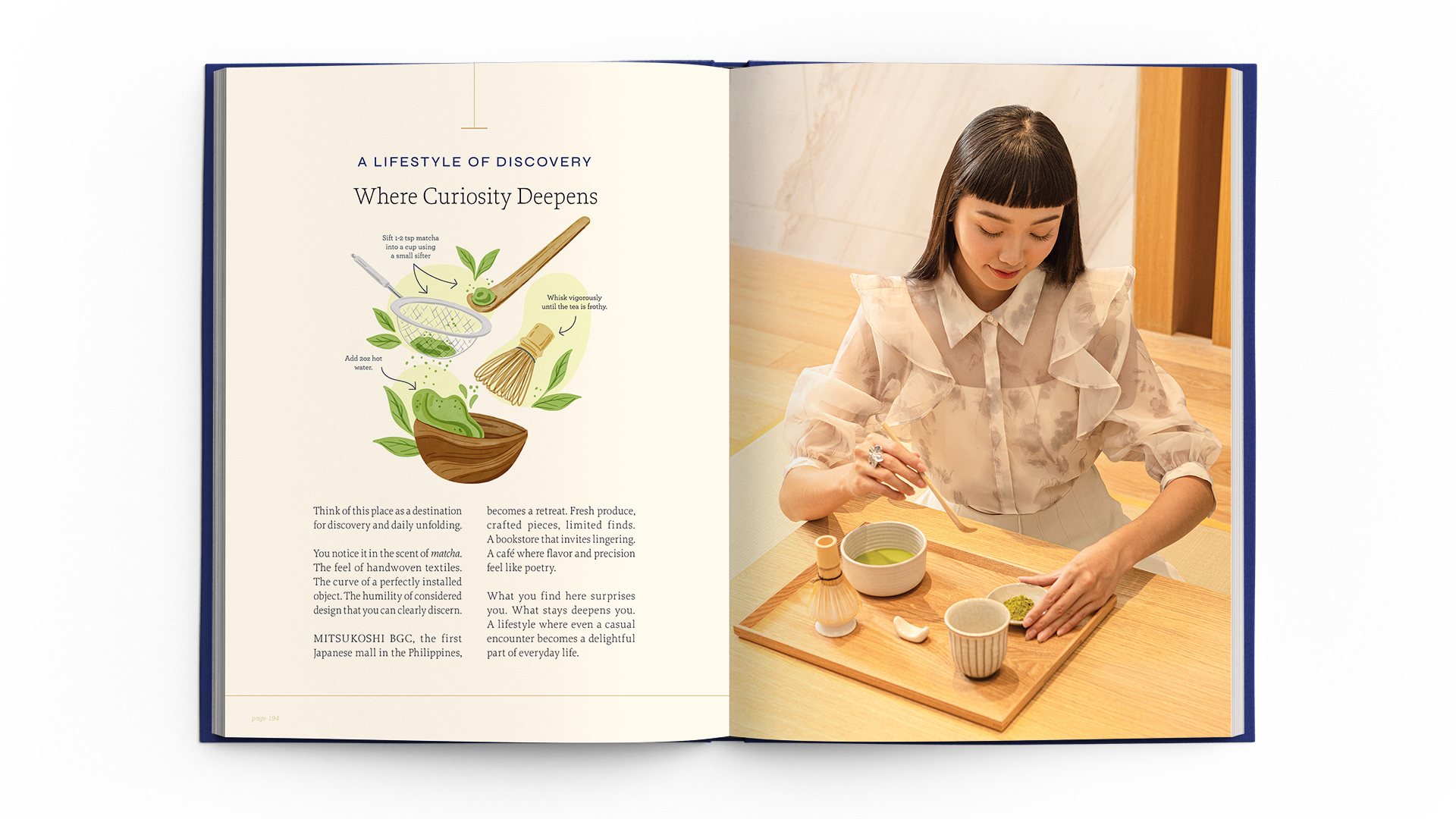 The Seasons Residences BGC case study with a woman preparing matcha; includes branding and lifestyle design elements.