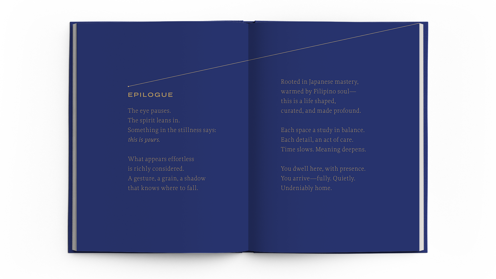 Open book with blue pages featuring Epilogue in gold text; poetic content emphasizes artistry and subtlety.